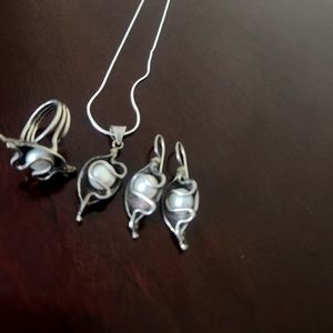 Silver set earrings, necklace, and ring